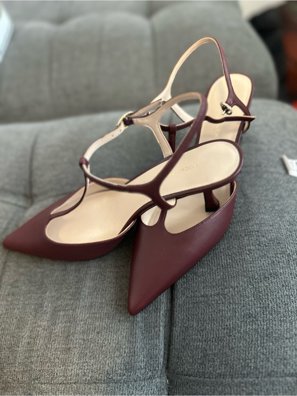 Tuckernuck Burgundy Pointed-Toe T-Strap Slingback Heels - Picture 5 of 5